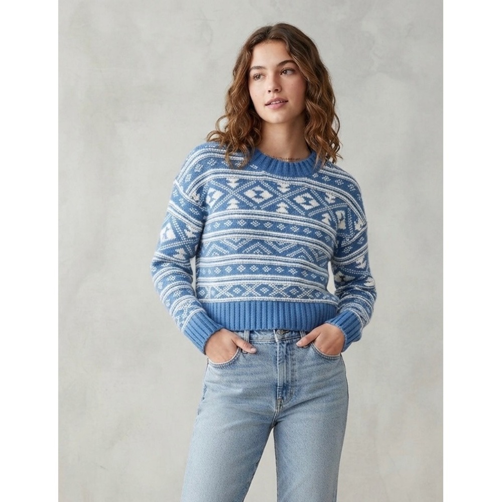 Y2K American Eagle Knit Cropped Sweater Womens XS Blue White Fair Isle 2000s